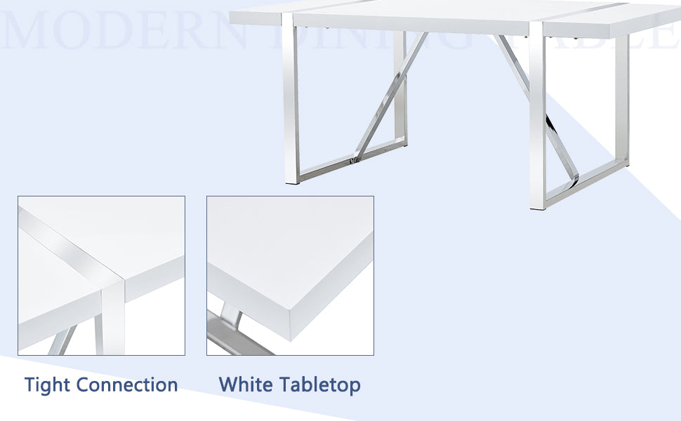 Table And Chair Set.71"X39.3" White Mdf Painting Dining Table Set With 6 White Pu Chairs.Showcasing A Modern And Stylish Look.Suitable For Dining Room.Mdf Painting,Iron Pipe Plating,Pu Chiairs.