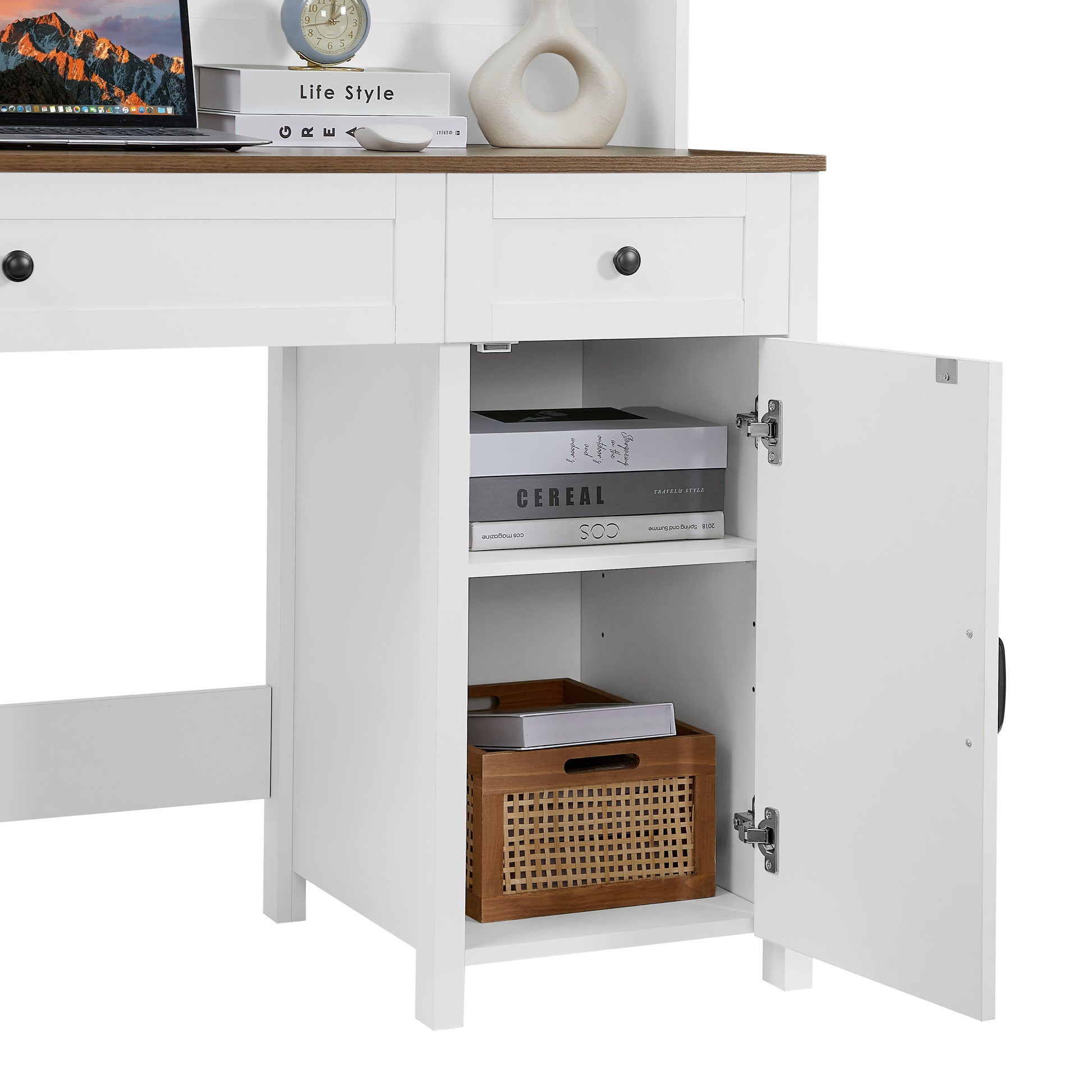 52" Farmhouse Executive Desk With Drawers, Wood Home Office Desk W Charging Station, File Drawer, Storage Cabinet, Rustic Computer Writing Desk Antique White White White Particle Board