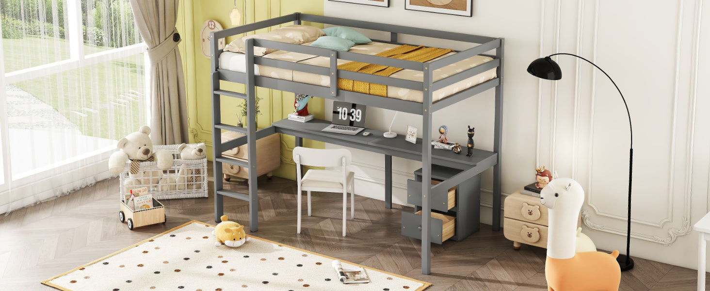 Twin Loft Wood Bed With Under Bed, Built In Desk, A Storage Cabinet Of 2 Drawers, Guardrails, Ladder,Grey Twin Grey Pine