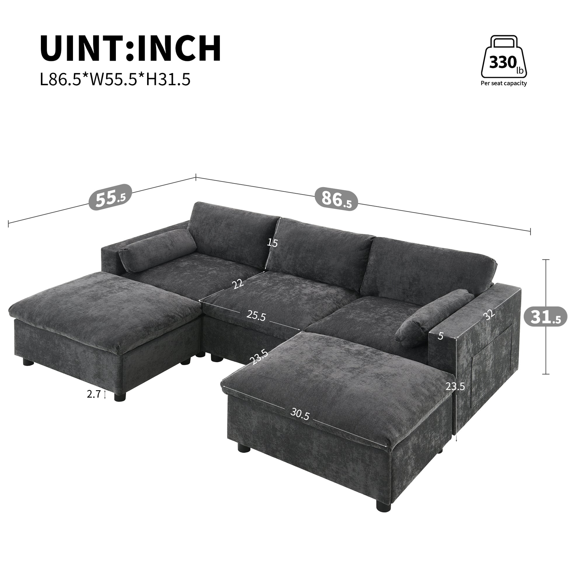 86.5''Chenille Sectional Sofa With Storage Pockets, 5 Seat U Shaped Sleeper Couch Set,2 Pic Free Combination,Convertible Sofa Bed With Ottoman For Living Room,Apartment,3 Colors Dark Grey Chenille 5 Seat