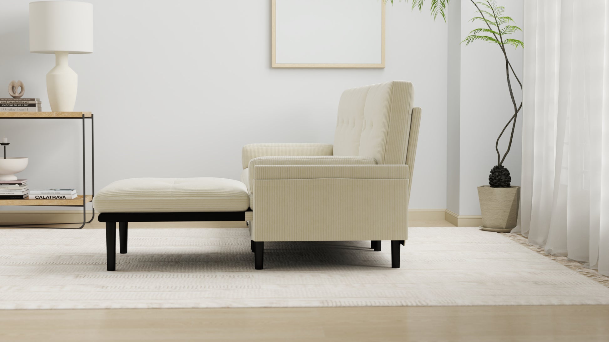 Ivory Corduroy Sectional Sofa: Convertible 3 Seater Sofa, L Shaped Sofa, And Bed Ivory Velvet Metal Primary Living Space Medium Soft Loose Back Pillow Top Arms Foam Fabric Metal 3 Seat