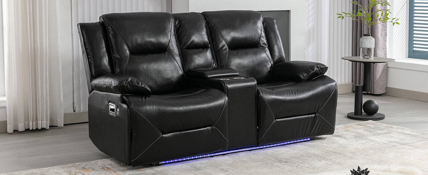 2 Seater Home Theater Recliner Manual Recliner Chair With A Led Light Strip Two Cup Holders And A Storage Box For Living Room,Bedroom, Black Black Foam Pu