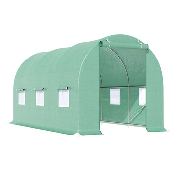 Outsunny 15' X 6' X 7' Walk In Tunnel Greenhouse Garden Plant Growing House With Door And Ventilation Window, Green Green Steel