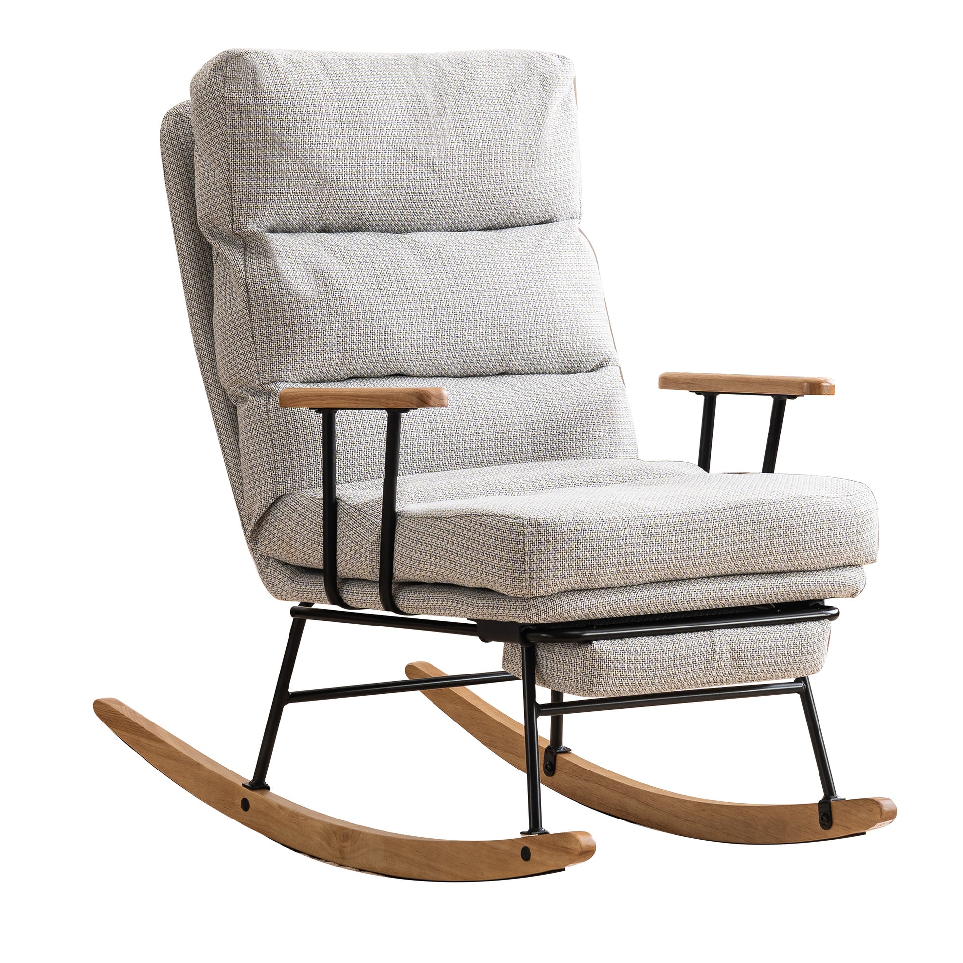 Modern Teddy Gliding Rocking Chair With High Back, Retractable Footrest, And Adjustable Back Angle For Nursery, Living Room, And Bedroom Grey Fabric