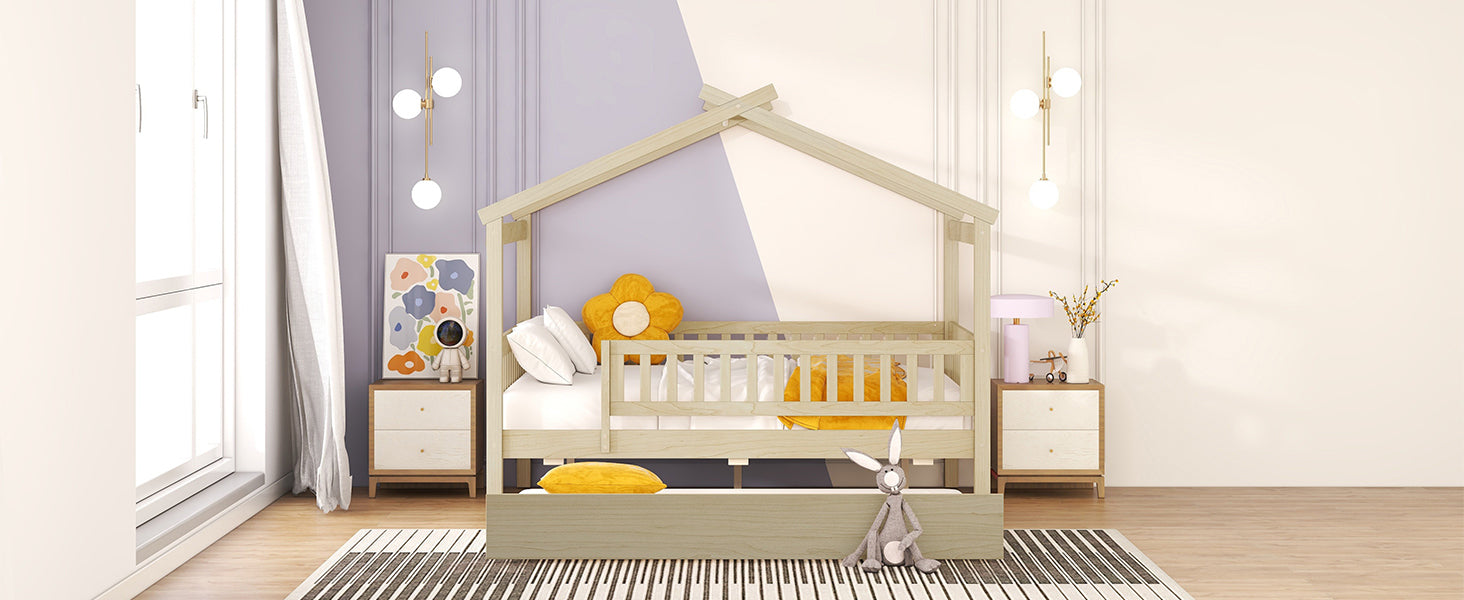 Full Size Wooden House Bed With Twin Size Trundle, Natural Full Natural Solid Wood Mdf