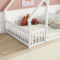 Full Wood House Shaped Floor Bed With Fence, Guardrails,White Full White American Design Pine