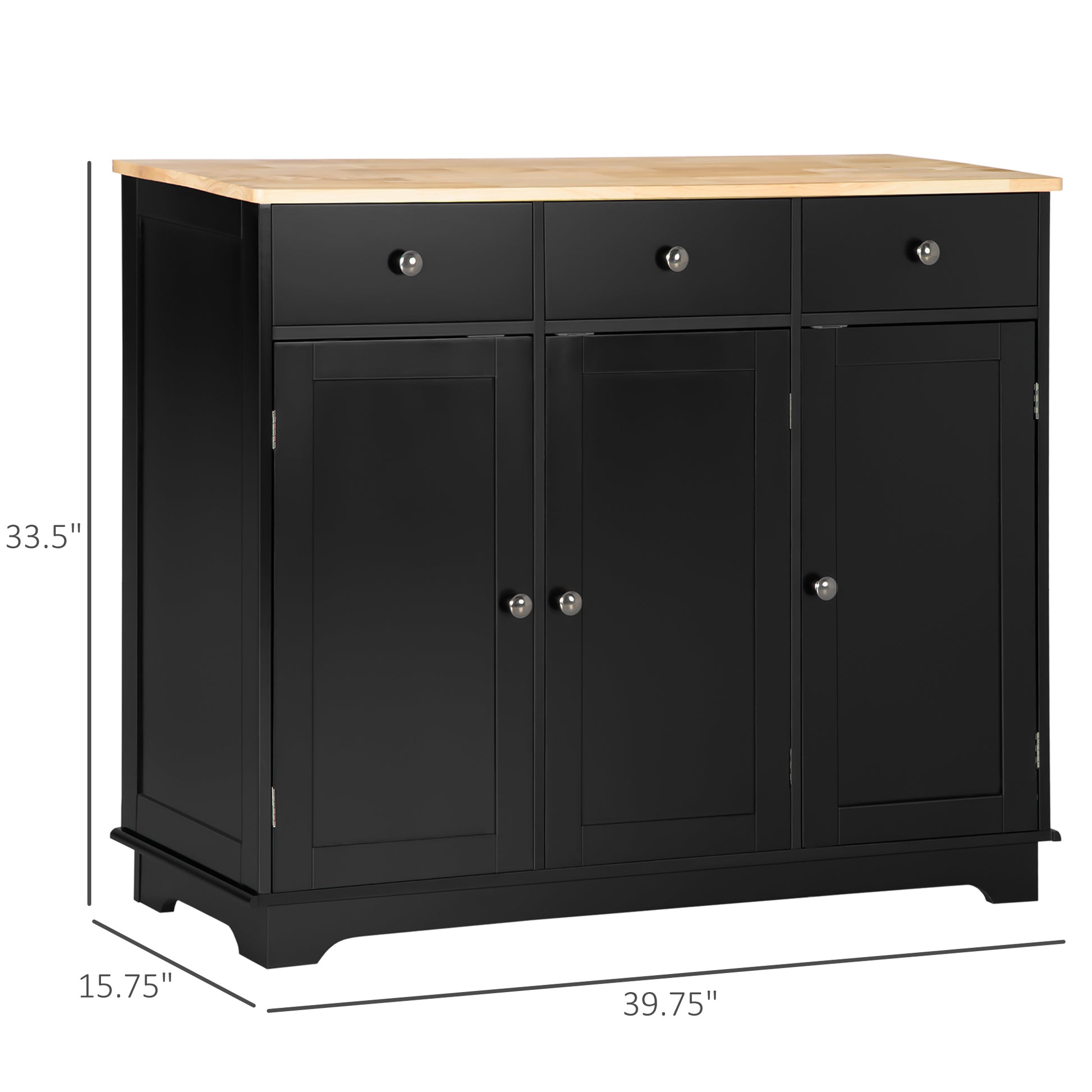 Homcom Sideboard With Solid Wood Countertop, Modern Kitchen Storage Cabinet, Coffee Bar Cabinet With 3 Drawers, Doors And Adjustable Shelf, Black Black Engineered Wood