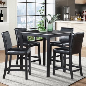 5 Piece Counter Height Table Set, Wooden Kitchen Table Set With Square Table And 4 Upholstered Chairs, Counter Height Dining Table With Crystal Decoration And Chair Set For Kitchen, Dining Room,Black Black Seats 4 Dining Room 4 Leg Square Dining Table