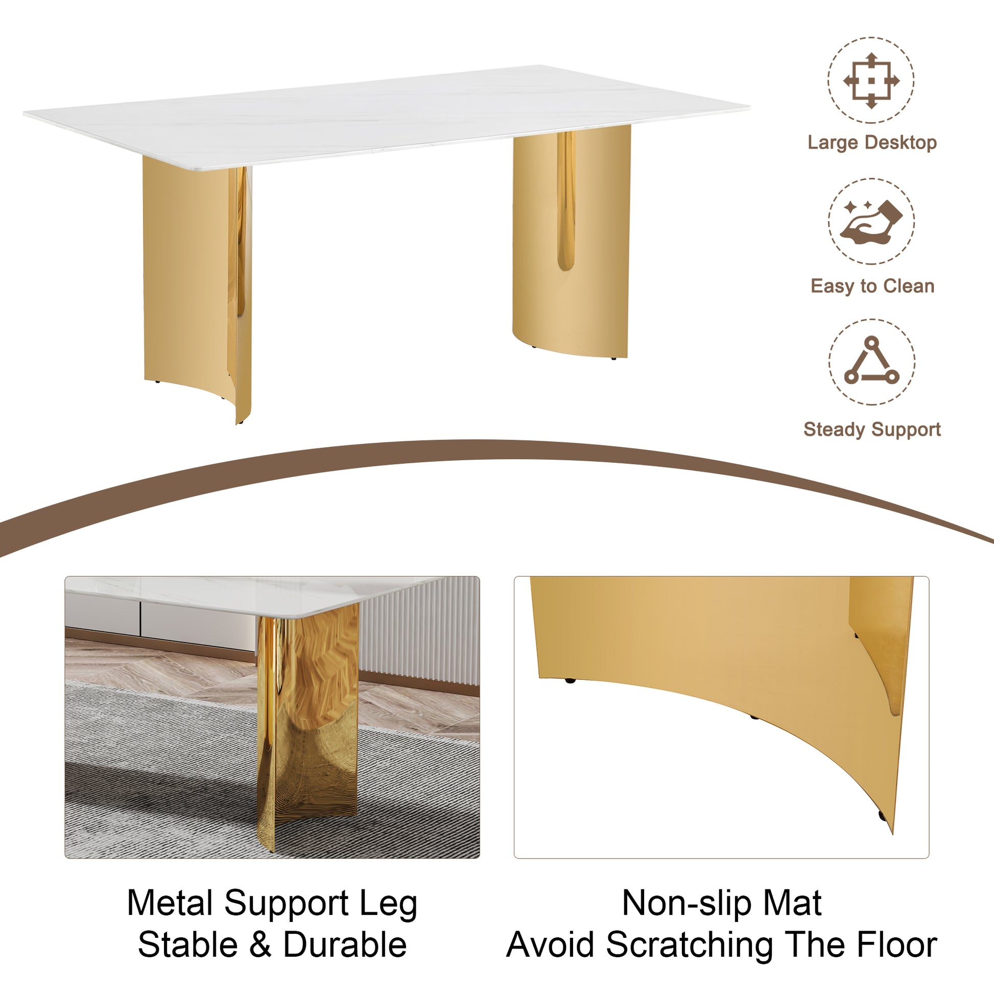 Table And Chair Set.The Table Has A Glass Tabletop With Imitation Marble Pattern Stickers And Stainless Steel Golden Table Legs. Paried With Comfortable Chairs With Pu Seats And Metal Legs. White Gold Seats 6 Glass Metal