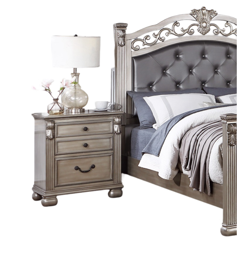 Classic Bedroom Formal Nightstand Antique Silver Finish 2 Drawers 1Pc Bedside Table Plywood Furniture Antique Silver 2 Drawers Bedroom Bedside Cabinet American Traditional,Classic,Luxury,Traditional Pine Drawers Silver Particle Board Mdf