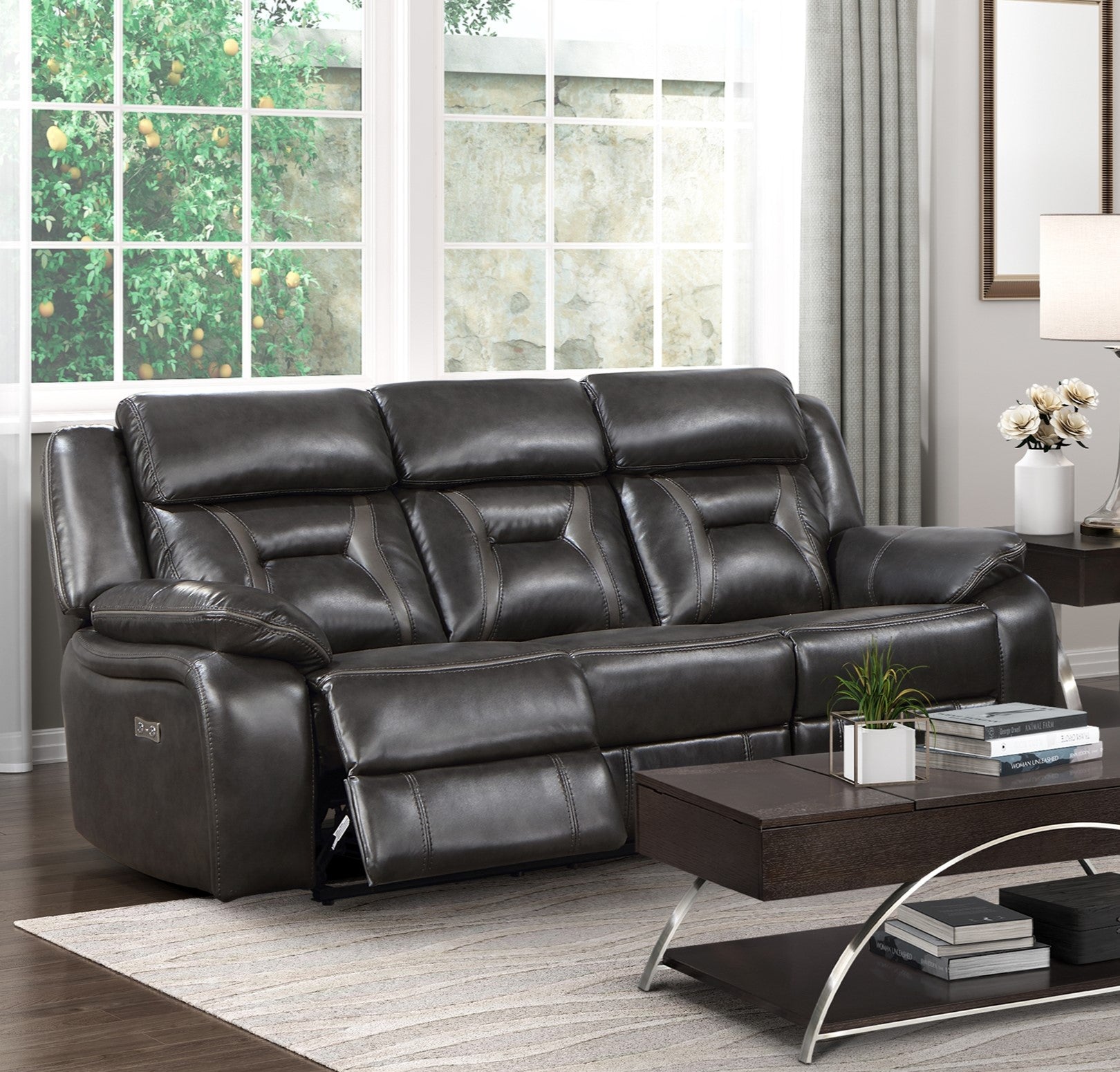 2Pc Power Reclining Sofa Set Modern Design Living Room Furniture Sofa And Loveseat With Center Console Dark Grayfaux Leather Upholstery Usb Ports Contemporary Home Dark Gray,Light Gray Faux Leather Wood Primary Living Space Contemporary,Modern,Ultra