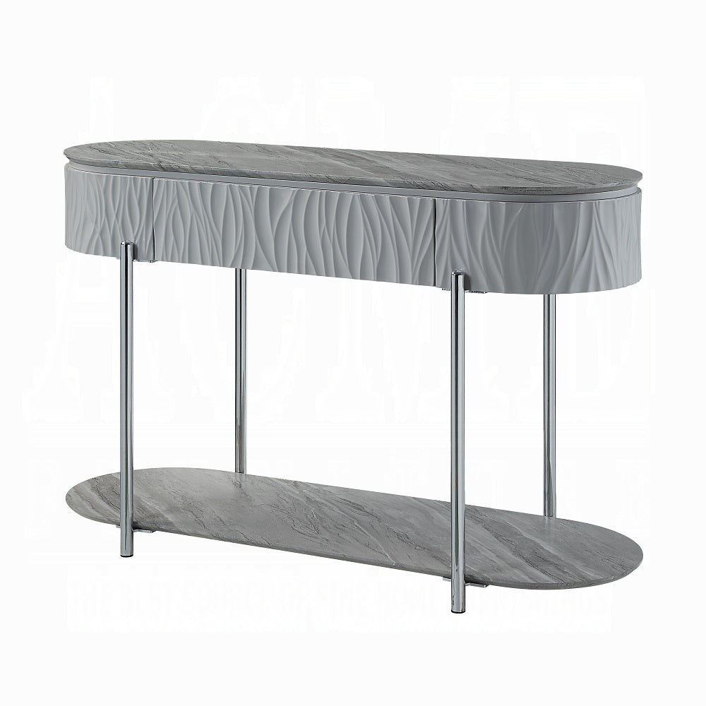 Grey High Gloss And Chrome Sofa Table With Bottom Shelf Grey Silver Primary Living Space Shelves Oval Wood Metal