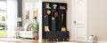 Modern Large Storage Hall Tree With Bench, Multi Functional Storage Bench With High Gloss Fluted Doors, Luxurious Coat Rack With 6 Gold Hooks And Legs For Entryway, Living Room, Black Black Gold Particle Board