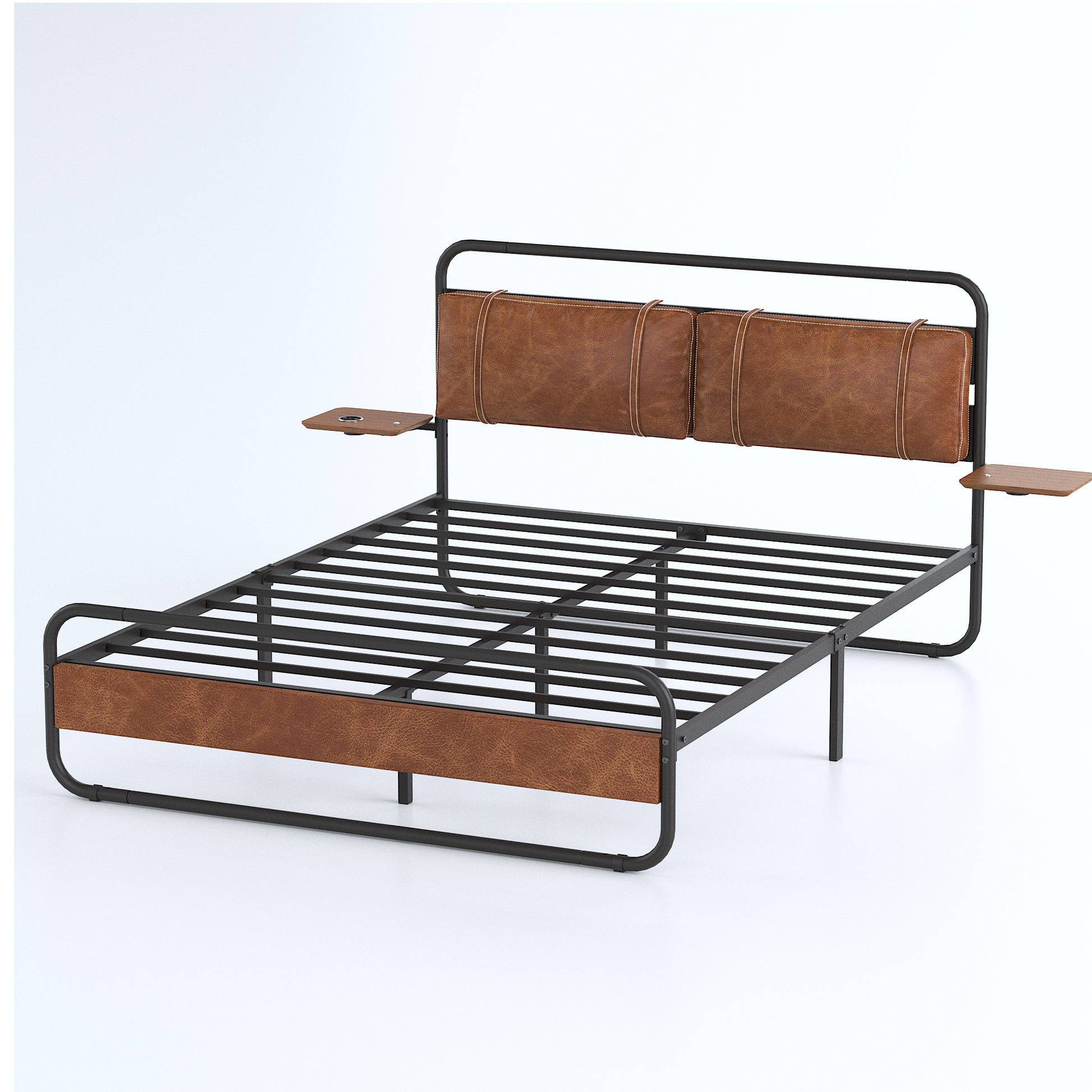 Queen Size Metal Bed Frame With Upholstered Headboard, With Wireless Charging And Usb A & Usb C, Touch Led Light,Oval Shaped Platform Bed With Under Bed Storage, No Box Spring Needed, Vintage Brown Box Spring Not Required Queen Antique Brown Metal