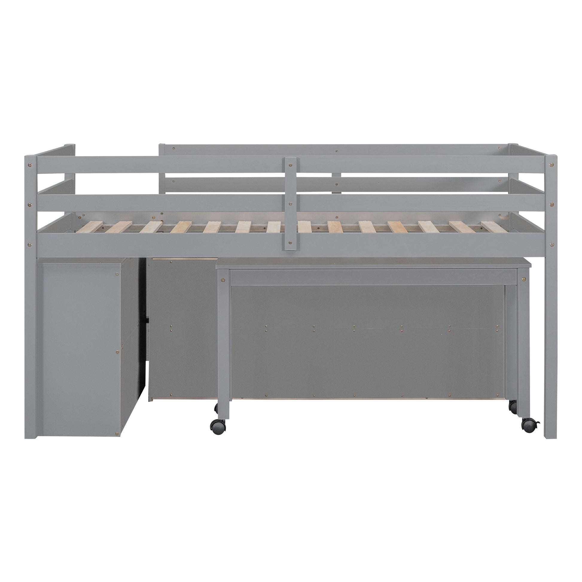 Twin Size Loft Bed With Retractable Writing Desk And 4 Drawers, Wooden Loft Bed With Lateral Portable Desk And Shelves, Gray Gray Solid Wood Mdf