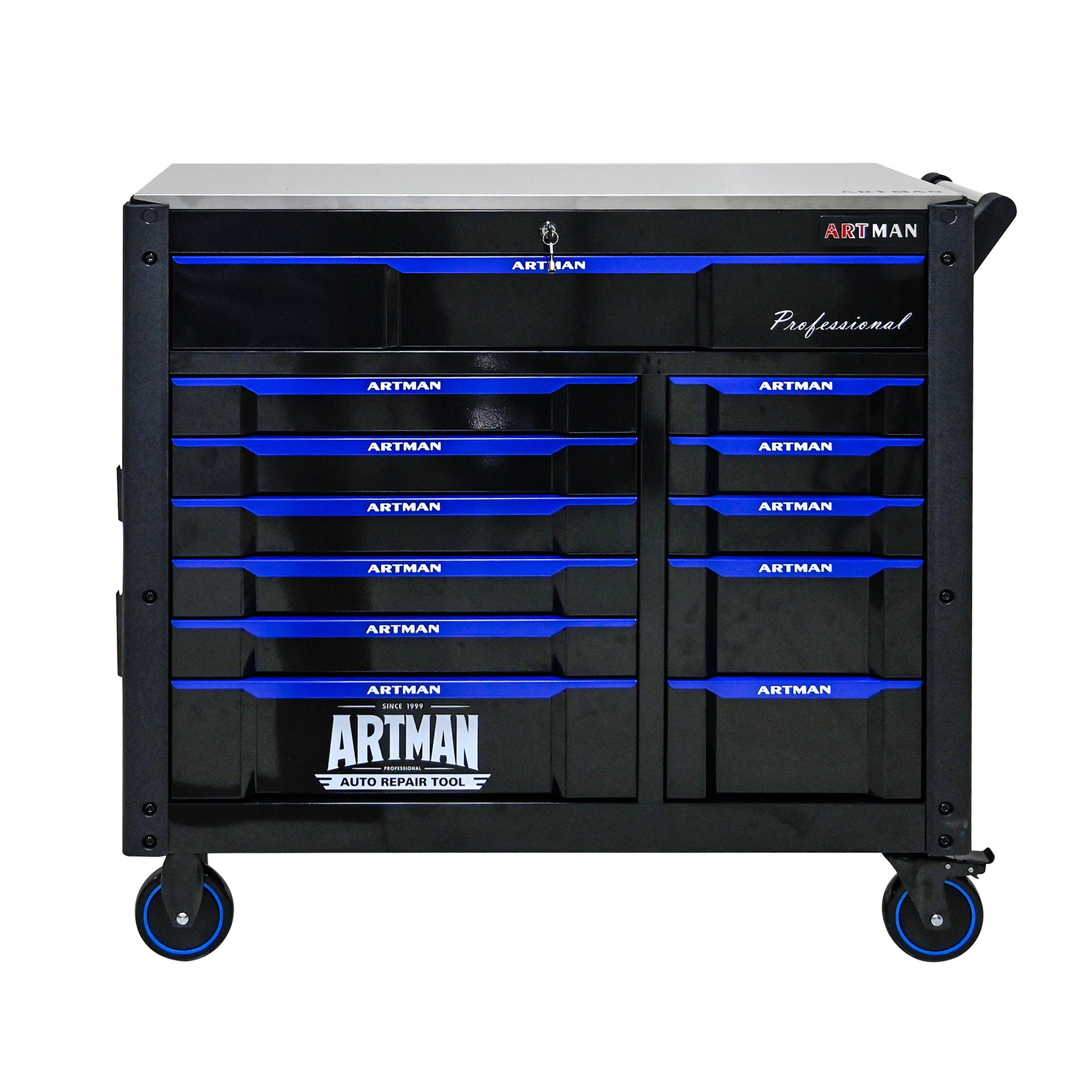 12 Layer Drawer Multi Purpose Tool Car, With Wheels, Iron Top Black Blue Steel