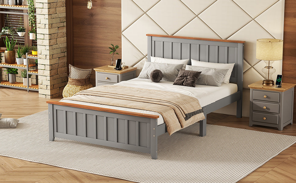 Full Size Wood Platform Bed Wooden Slat Support, Vintage Simple Bed Frame With Rectangular Headboard And Footboard, Grey Box Spring Not Required Full Grey Wood