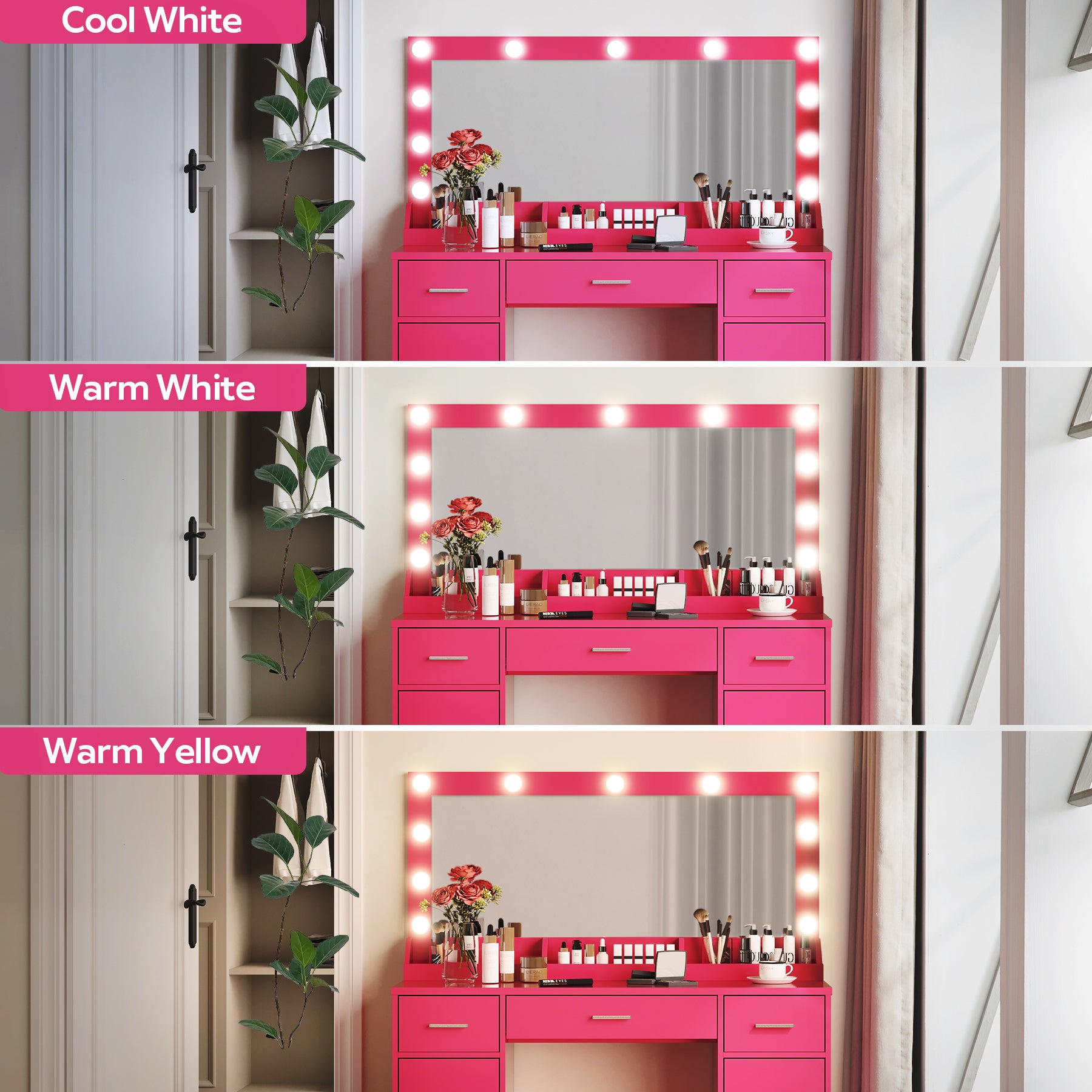 47.2"Vanity Desk With Large Mirror, 3 Colour Lighting Modes, Adjustable Brightness, Dresser With 3 Drawers & 2 Vertical Cabinets, Makeup Vanity Table For Women & Girls Rose Pink Rose Pink Particle Board