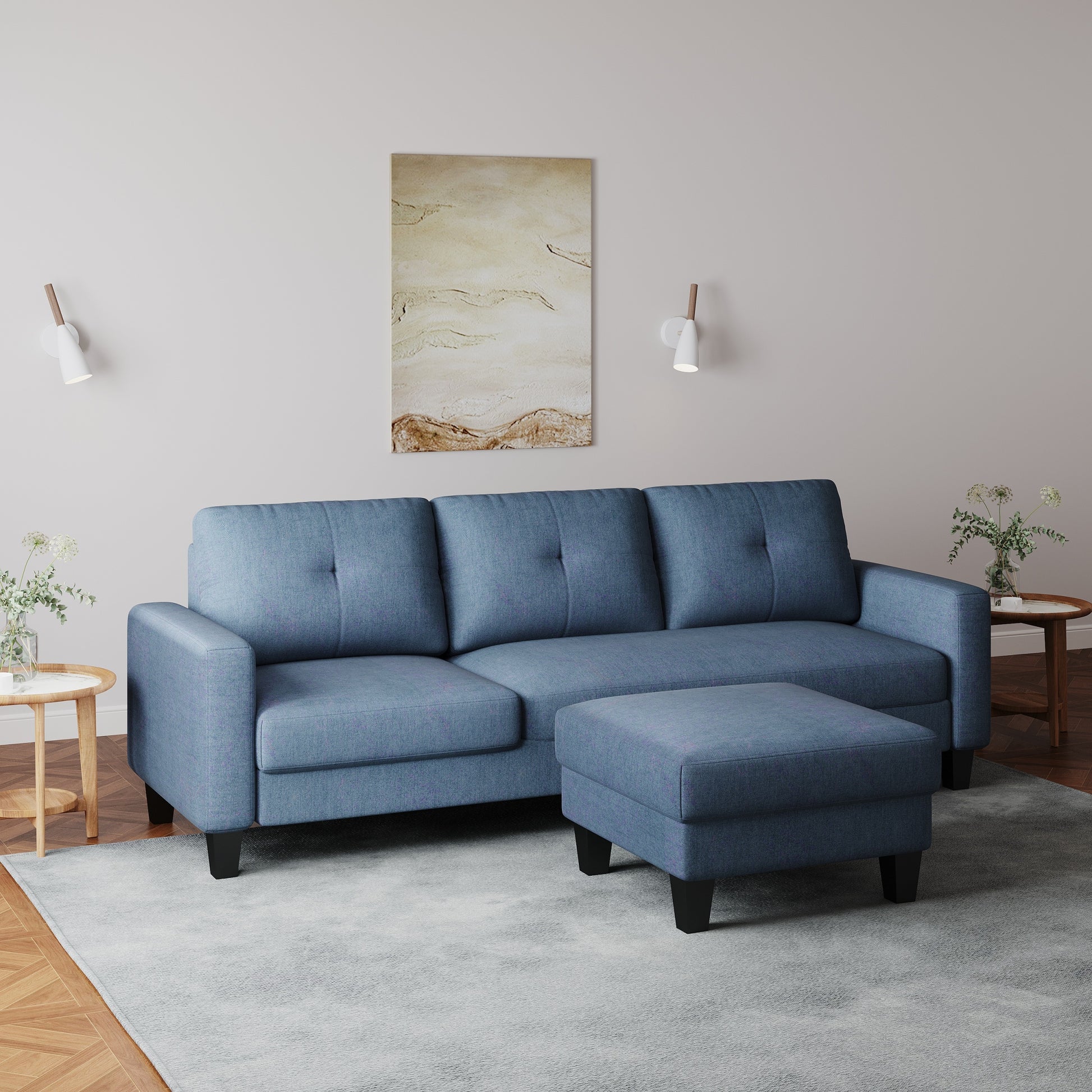 Living Room Furniture With Polyester Fabric L Shape Couch Corner Sofa For Small Space Blue Blue Foam Polyester 3 Seat