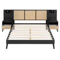 Queen Size Solid Wood Bed Frame With 2 Nightstands, Elegant Design With Lamps, Rattan And Wood Combination,Black Queen Black Wood