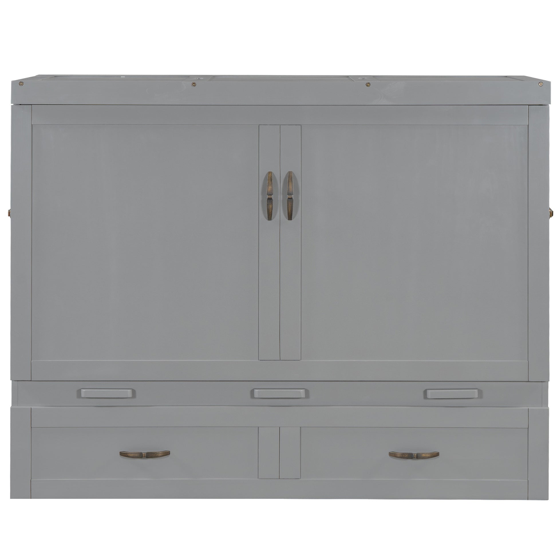 Queen Size Murphy Bed With Usb Ports, Large Drawers And Metal Handles,Gray Queen Gray Solid Wood Mdf