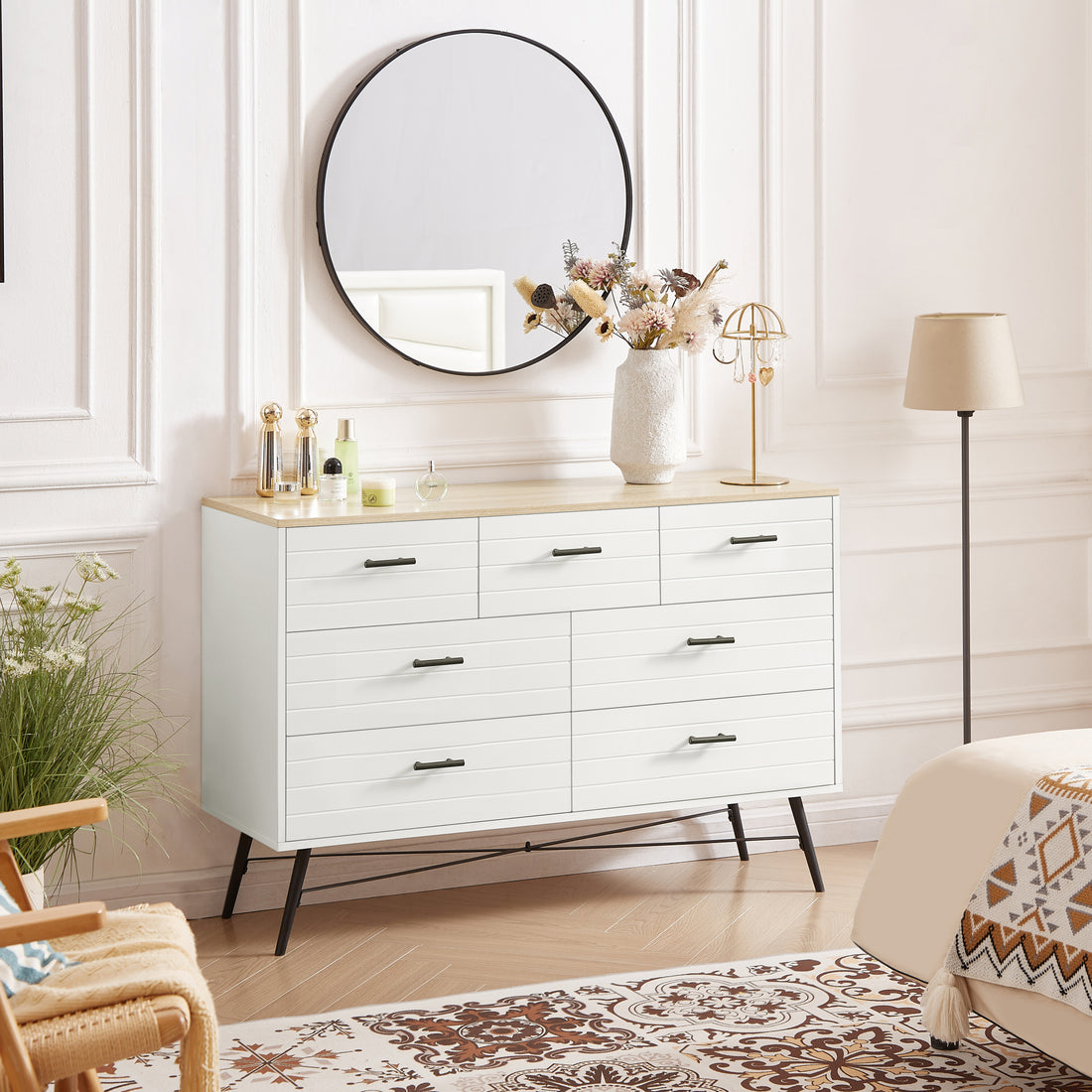 7 Drawer Dresser For Bedroom With Deep Drawers, Wood Dressers & Chest Of Drawers, Modern White Long Dressers For Closet Living Room, 47.2"W X 15.7"D X 31.5"H, White & Oak White Light Oak White Rustic,Vintage Particle Board