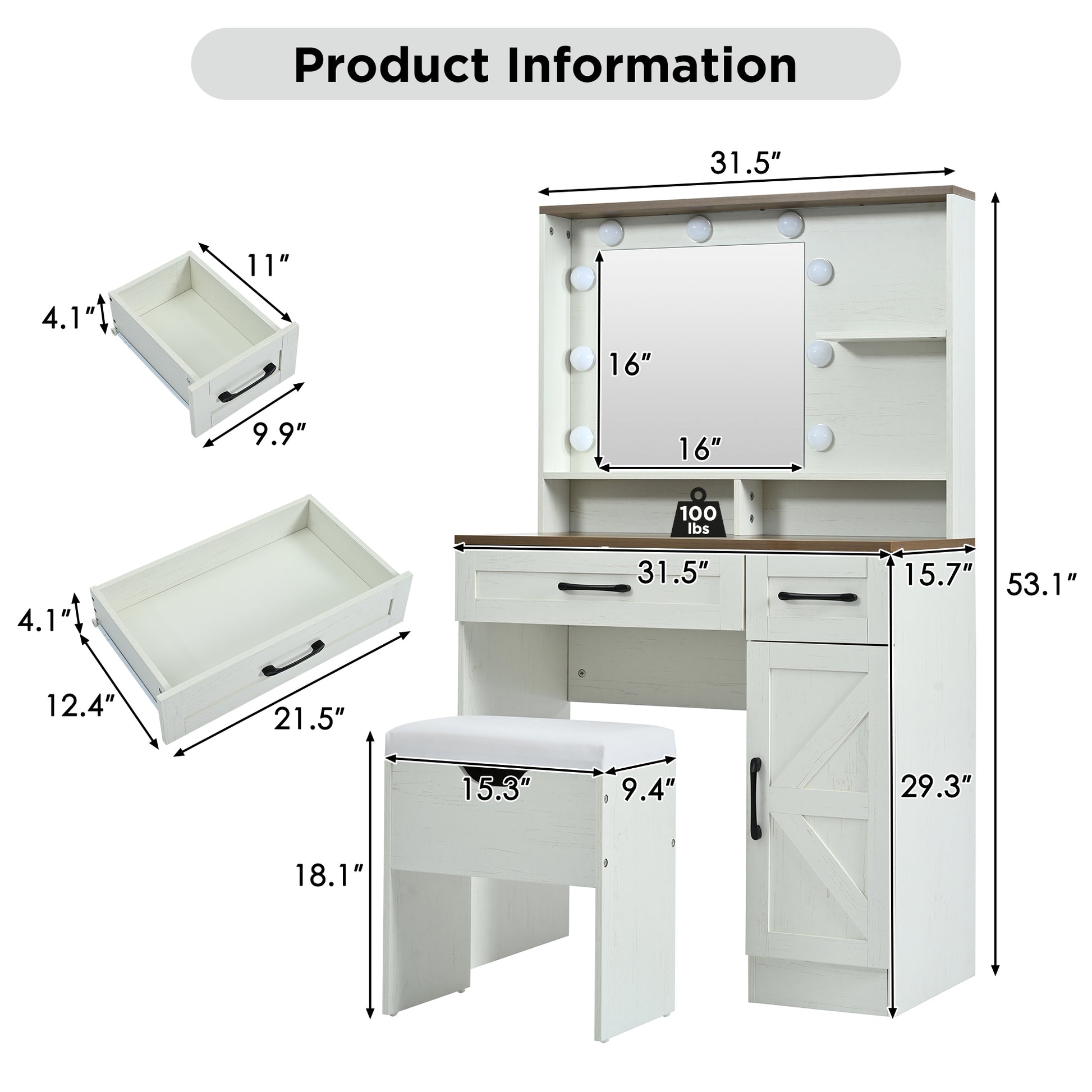 Farmhouse Makeup Vanity Desk With Mirror And Lights, 3 Lighting Modes, Vanity Set With Stool, Dressing Table With Adjustable Shelves,2 Drawers And Side Cabinet For Bedroom, White Brown White Bedroom