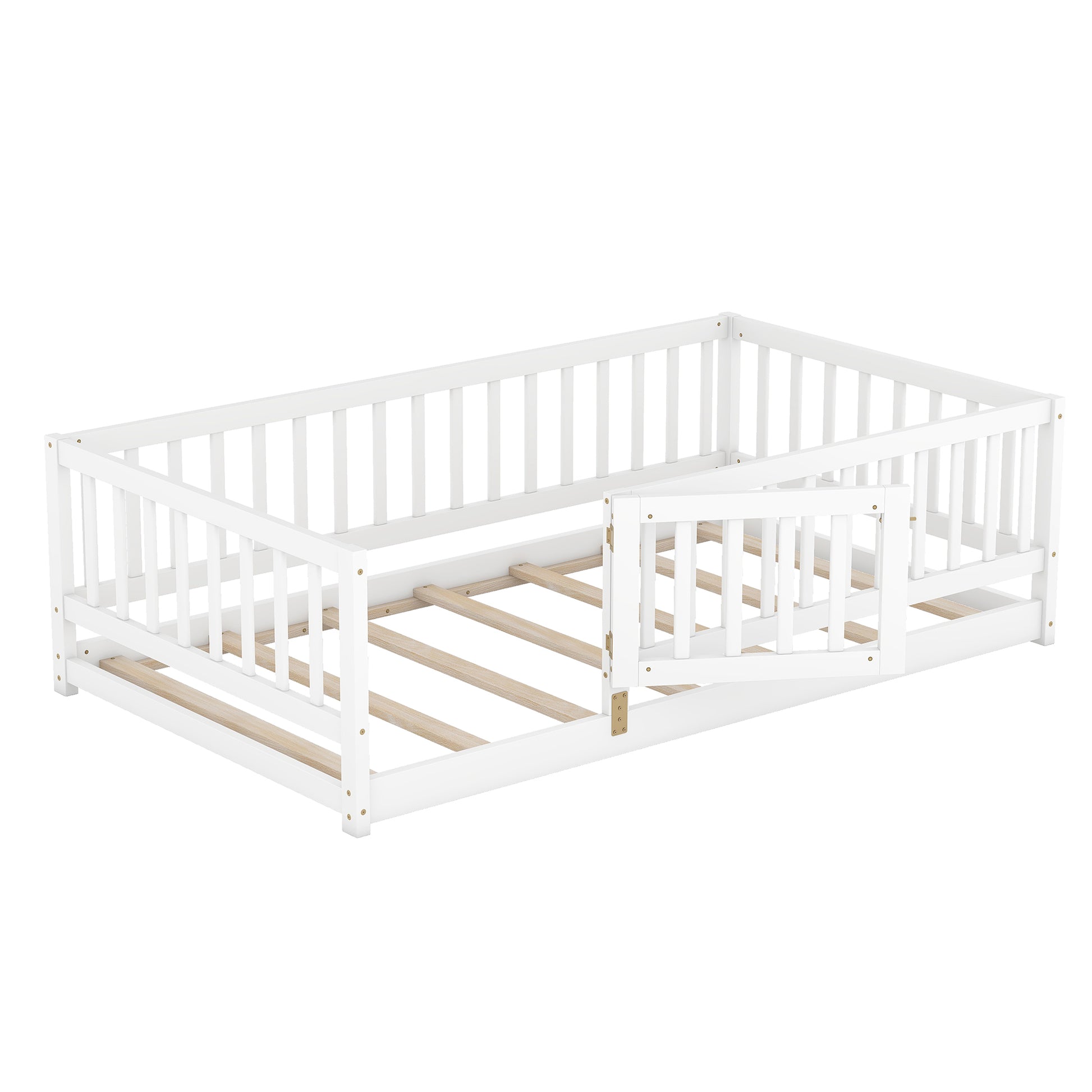 Twin Size Floor Bed With Slats, Montessori Floor Bed With Fence And Door, Kids Montessori Bed Twin Size, Wood Montessori Floor Bed For Kids, Girls, Boys Twin White Twin White Wood White Pine Pine
