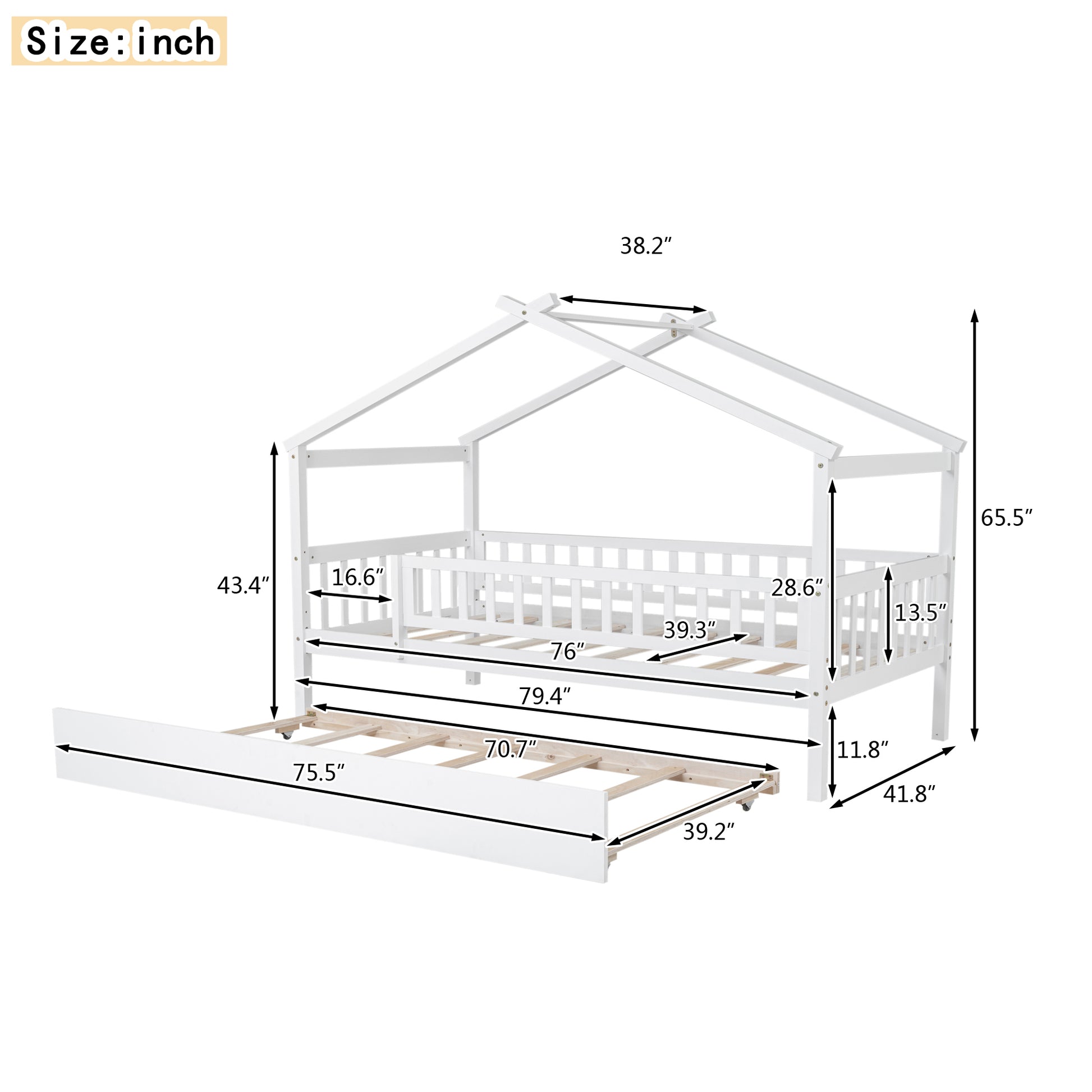 Twin Size Wooden House Bed With Twin Size Trundle, White Twin White Solid Wood Mdf