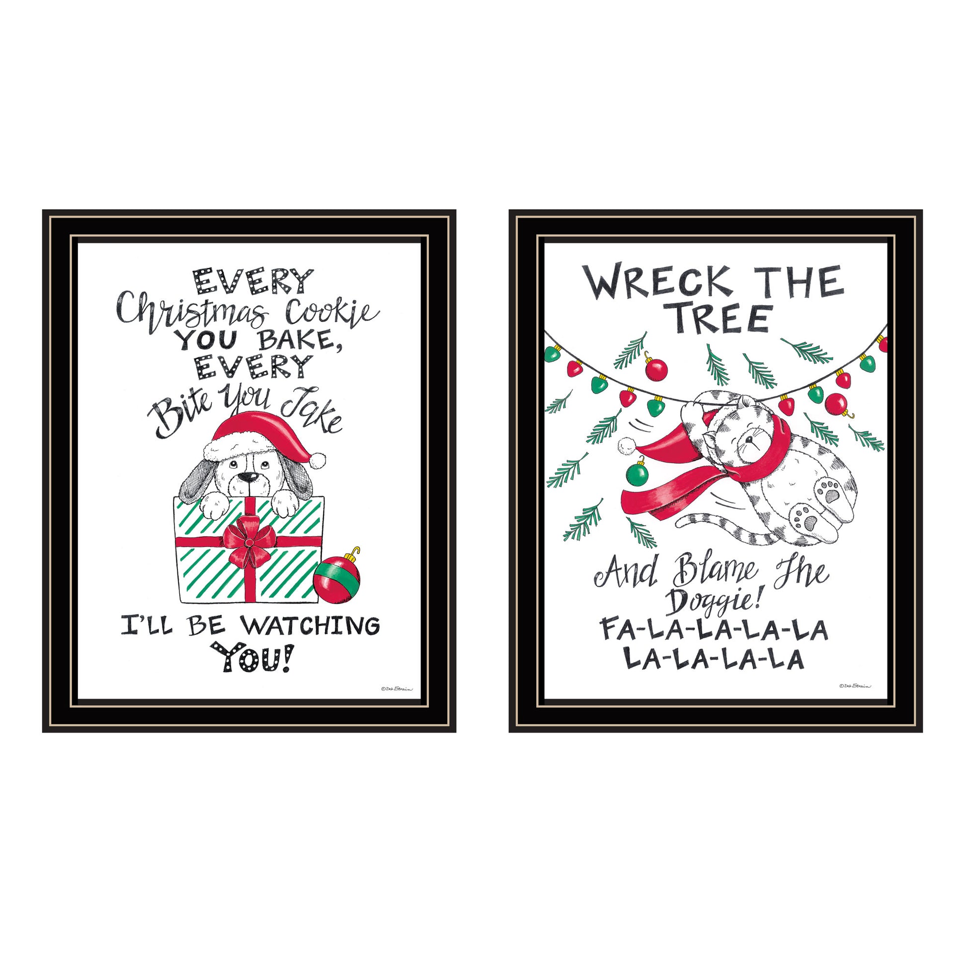 2 Piece Vignette Cat & Dog Christmas Enjoyment Black Framed Wall Art For Living Room, Bedroom Wall Art Print For Home Decor By Deb Strain Multi Wood Paper