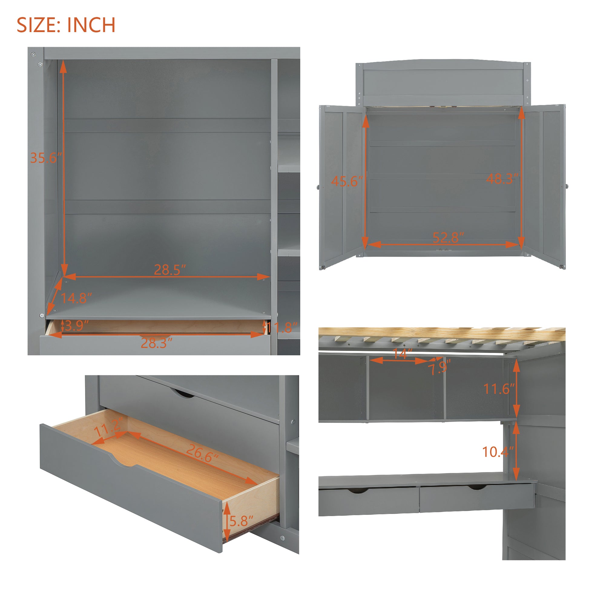 Full Size Loft Bed With Desk, Wardrobes, 4 Drawers And 4 Shelves Gray Full Gray Solid Wood