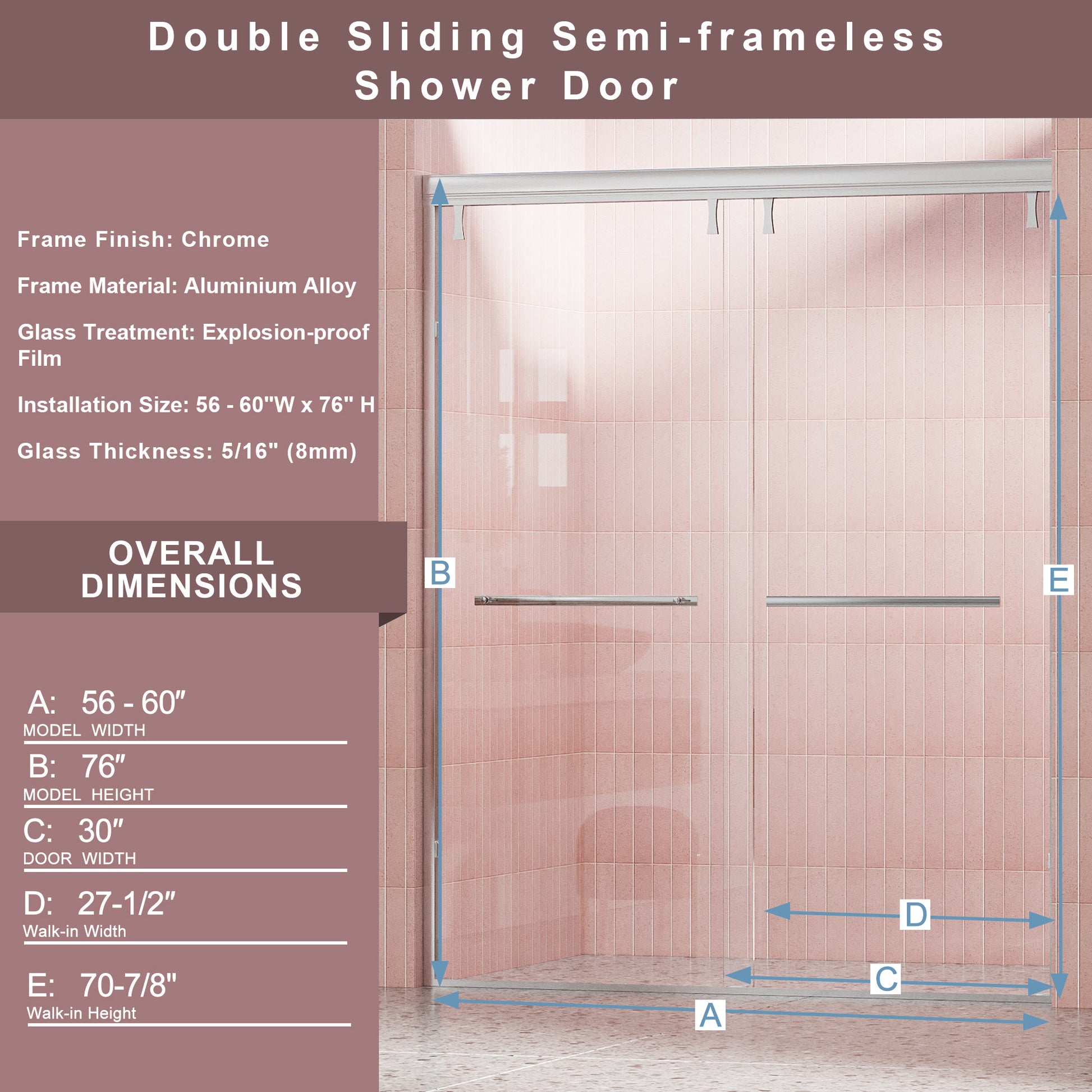 56 60 In. W X 76 In. H Semi Frameless Shower Door, Double Sliding Shower Door, 5 16" 8Mm Clear Tempered Glass Shower Door With Explosion Proof Film, Chrome 24D212 60C Combo 1 Chrome Bathroom Aluminium Alloy