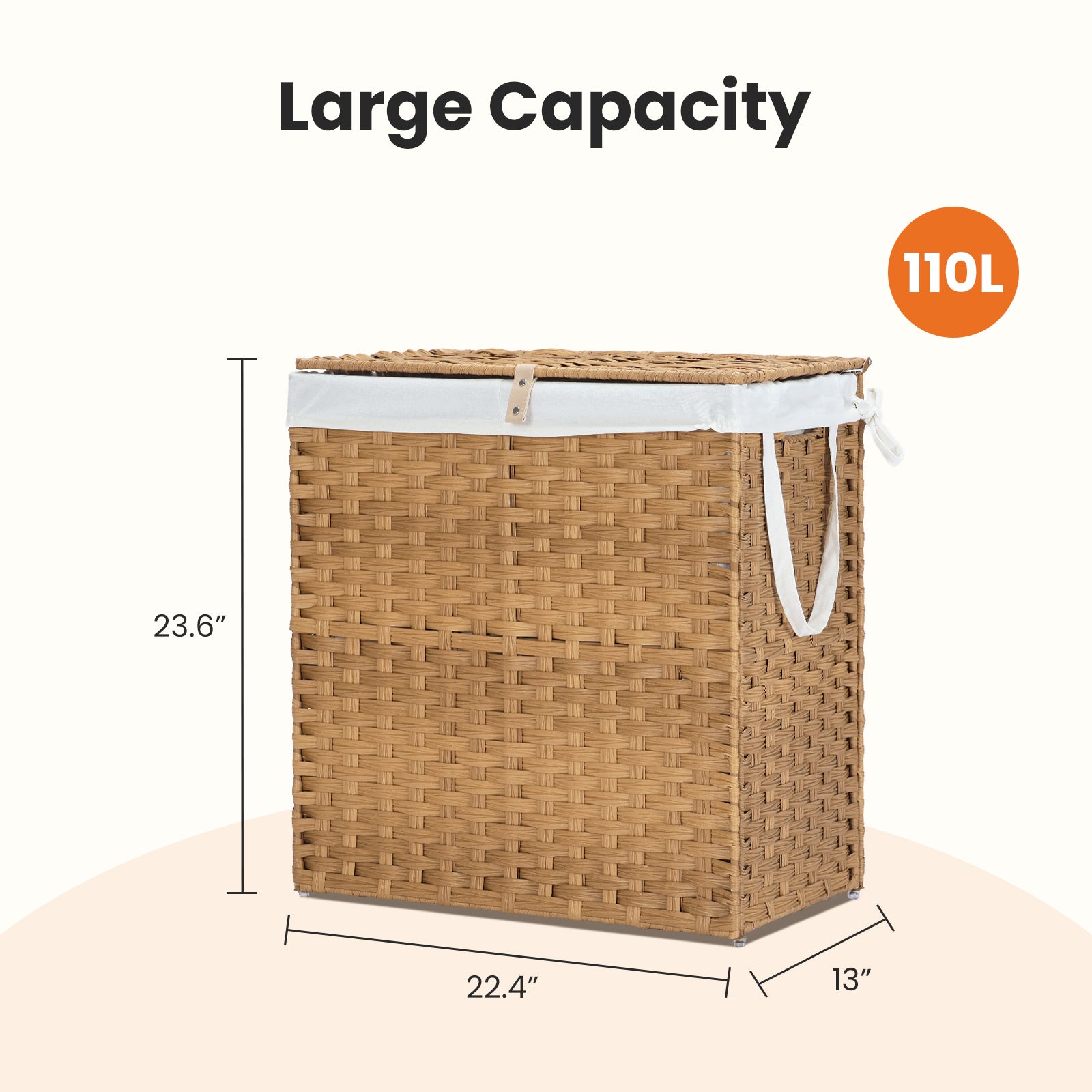 Laundry Basket With Lid, 110 L Hand Woven Pp Rattan Laundry Basket With Compartments & Handles, Foldable, Removable Liner Yellow Polyethylene