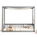 Twin Size Canopy Frame Floor Bed With Fence, Guardrails,Grey Twin Grey American Design Pine