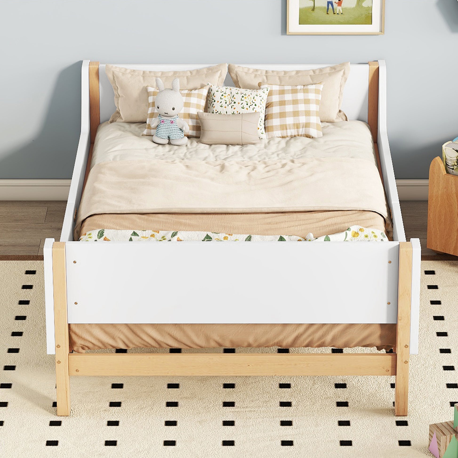 Twin Bed With Headboard, Footboard, Safeguards, Built In Bed End Book Storage Rack ,White Twin White American Design Pine