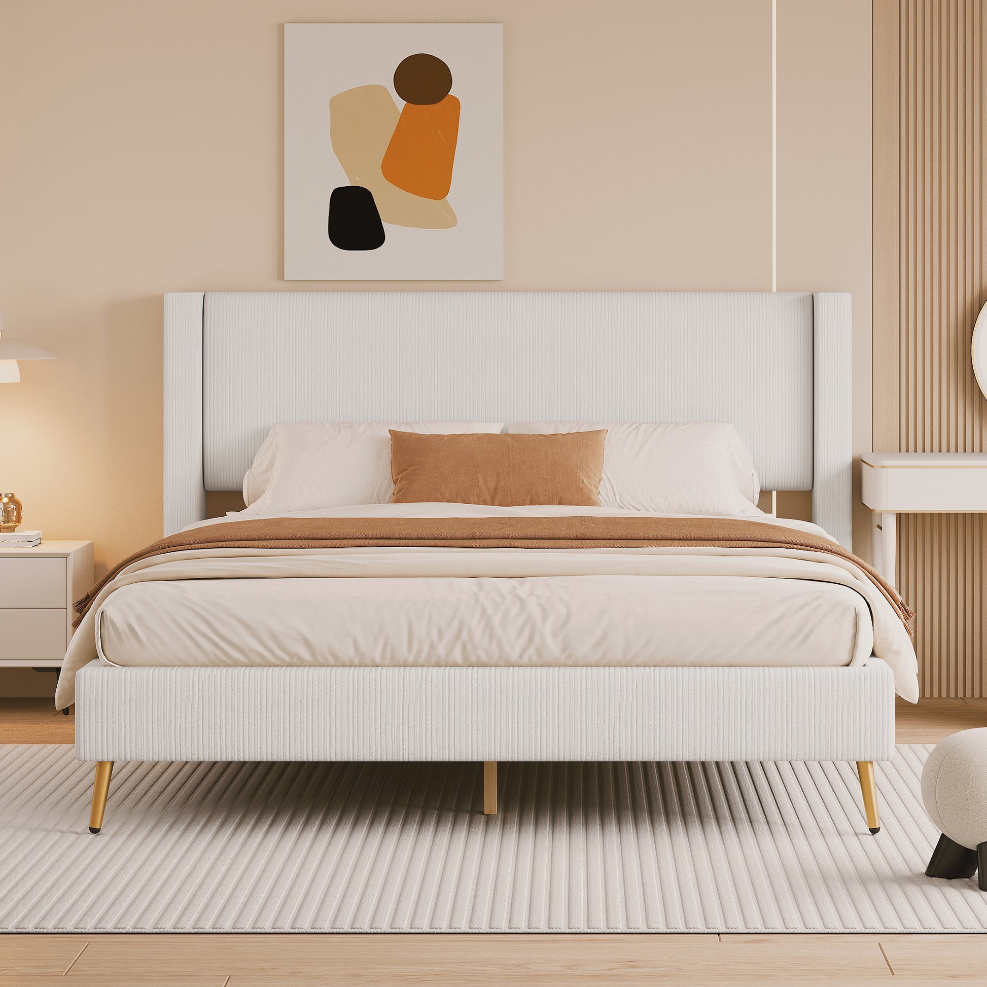 Queen Size Corduroy Platform Bed With Metal Legs, Beige Old Sku:Wf300238Aaa Queen Beige Corduroy