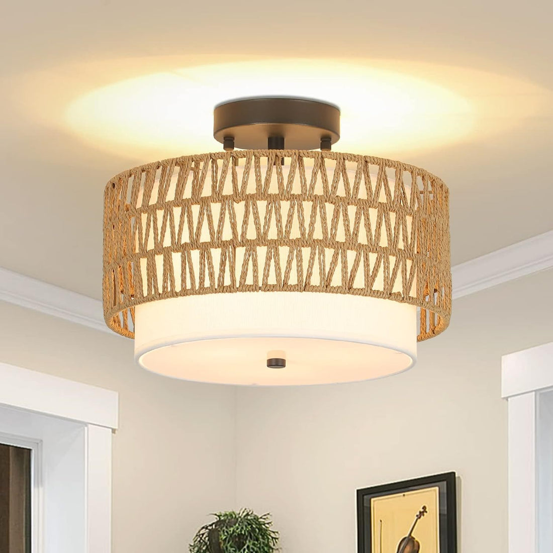 3 Light Semi Flush Mount Ceiling Light Fixture, Boho Rattan Light Fixtures Ceiling, Farmhouse Drum Light With Fabric Shade, Woven Rattan Ceiling Lights For Bedroom Dining Room Foyer Kitchen Hallway Brown Rattan Metal