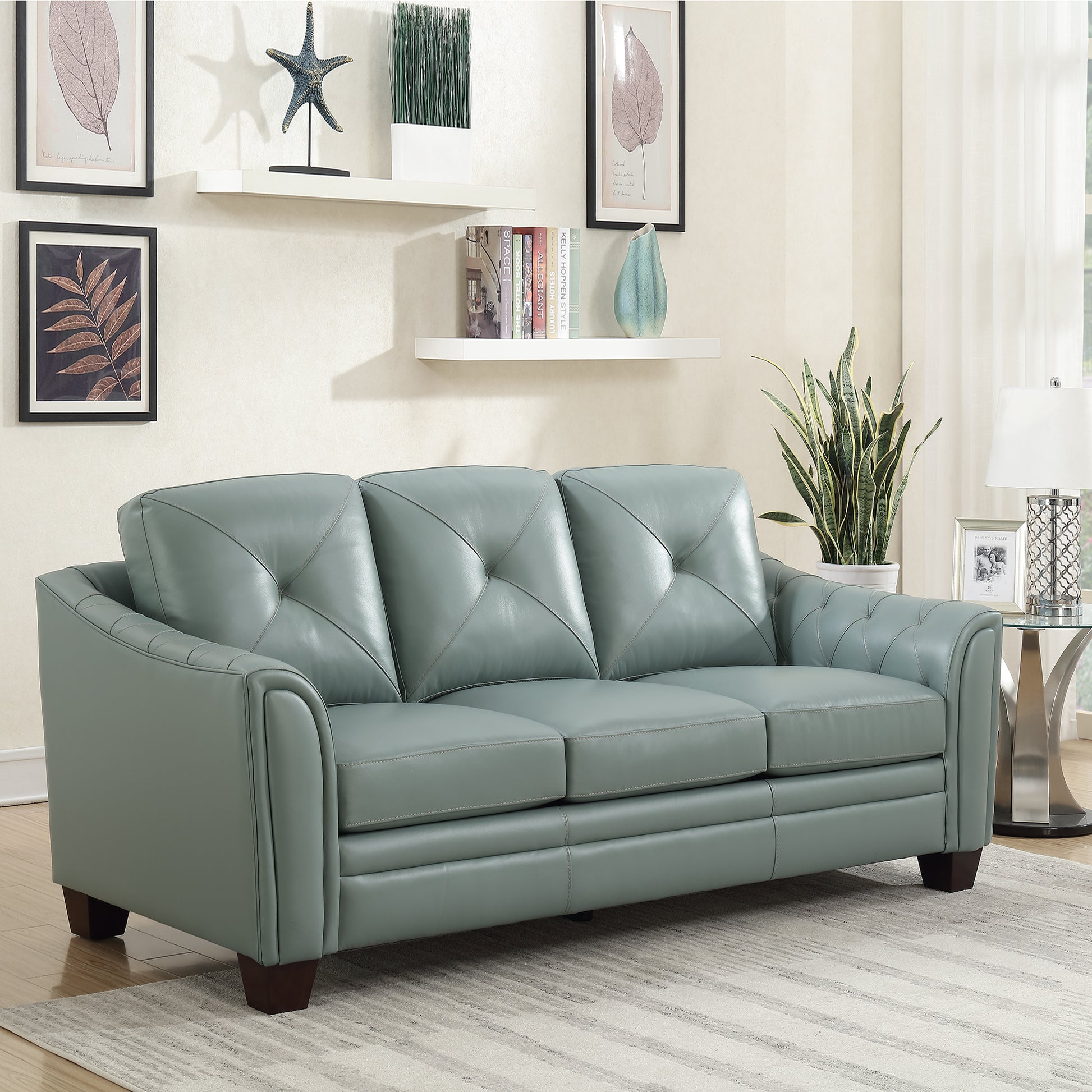 Modern Tufted Leather Sofa Seafoam Leather 3 Seat