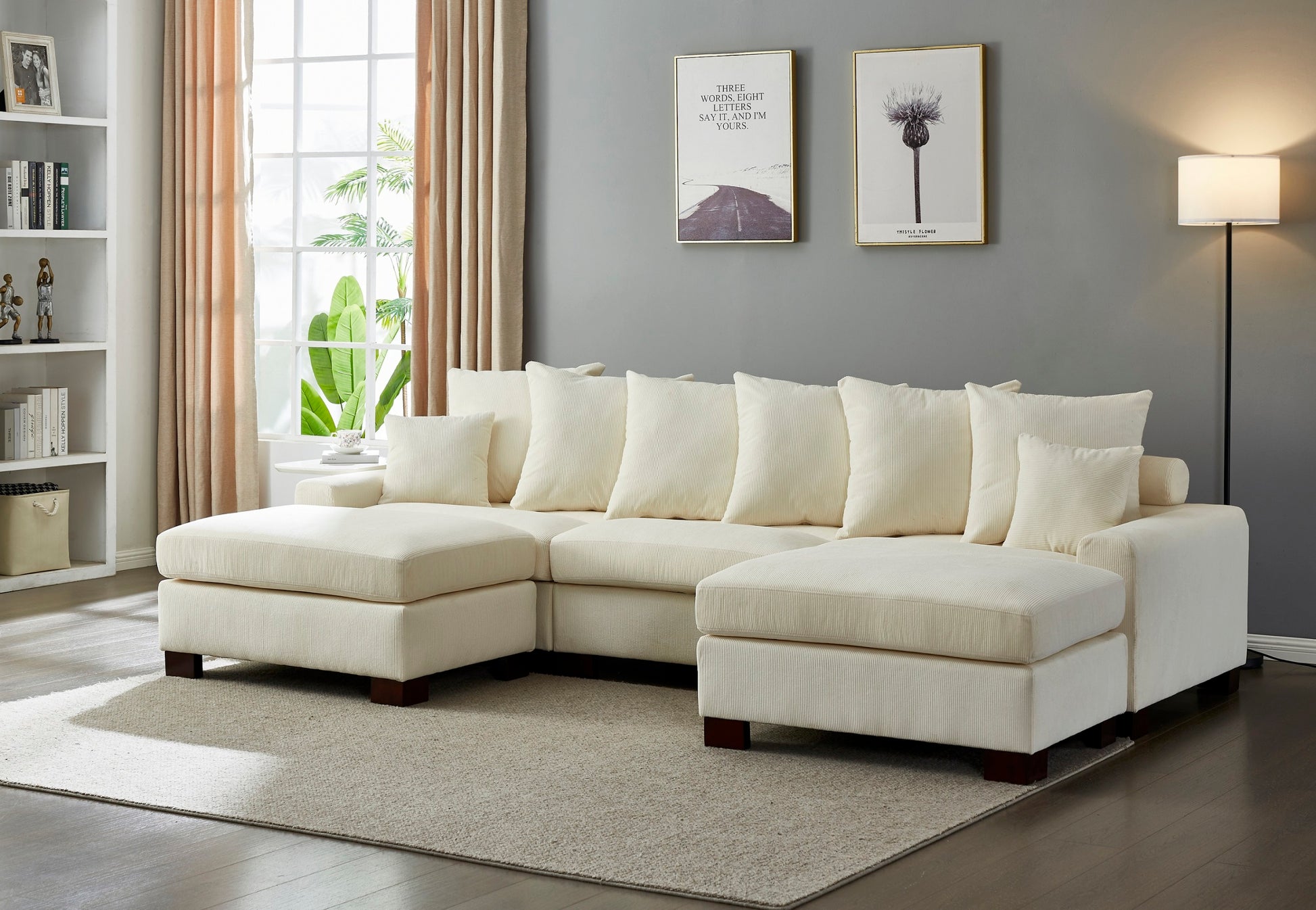 Modular Sectional Sofa,5 Seater Oversized Convertible L & U Shaped Couch, Corduroy Fabric Beige Wood Fabric 5 Seat