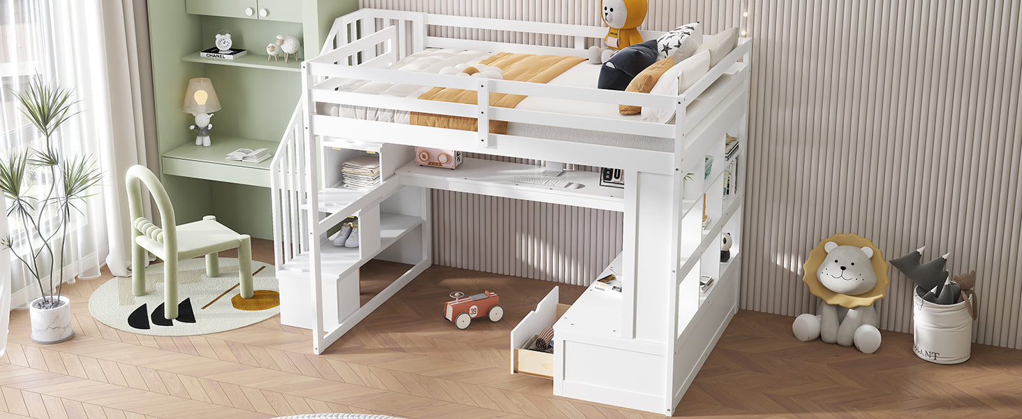 Full Size Loft Bed With Desk And Shelves, Two Built In Drawers, Storage Staircase, White Full White Plywood,Solid Wood Mdf