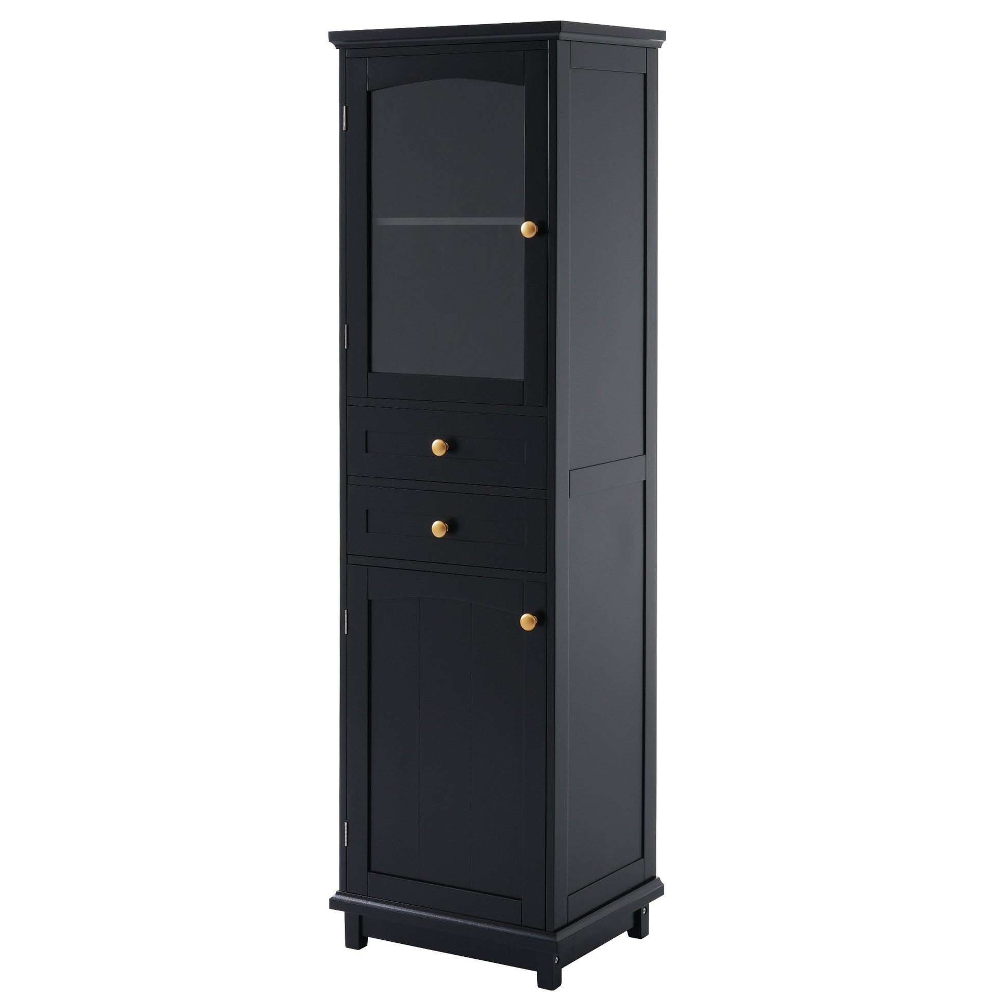 Tall Bathroom Storage Cabinet With Glass Doors, Free Standing, Two Drawers, And Adjustable Shelves, Mdf Board, Painted Black Perfect For Displaying Your Favorite Items 2 Black 2 4 Adjustable Shelves Bathroom Freestanding Partice Board Mdf Pine Wood