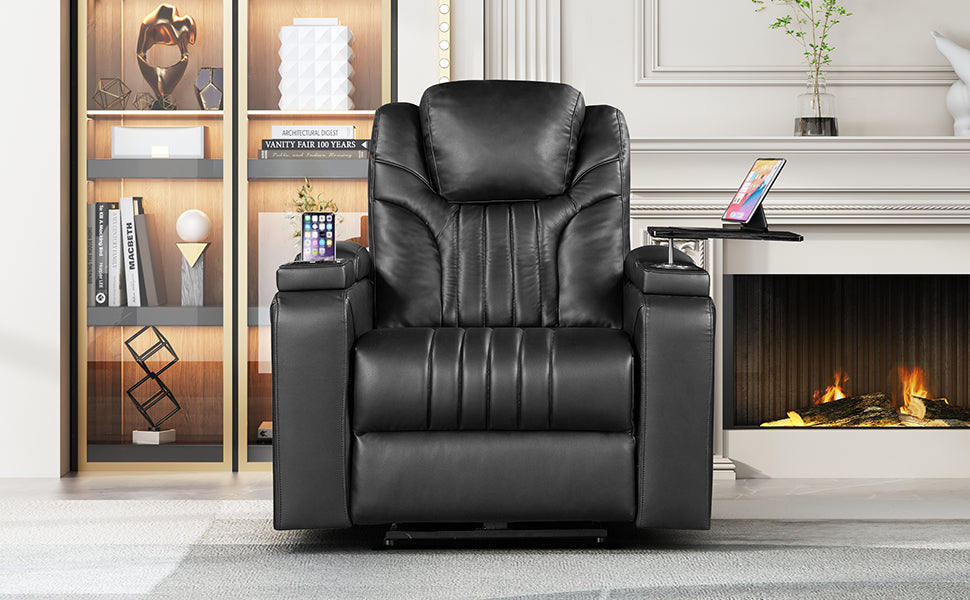 Pu Leather Power Recliner Home Theater Recliner With Power Adjustable Headrest, Wireless Charging Device, Usb Port, Storage Arms, Cup Holder And Swivel Tray Table For Living Room, Black Black Foam Pu Leather