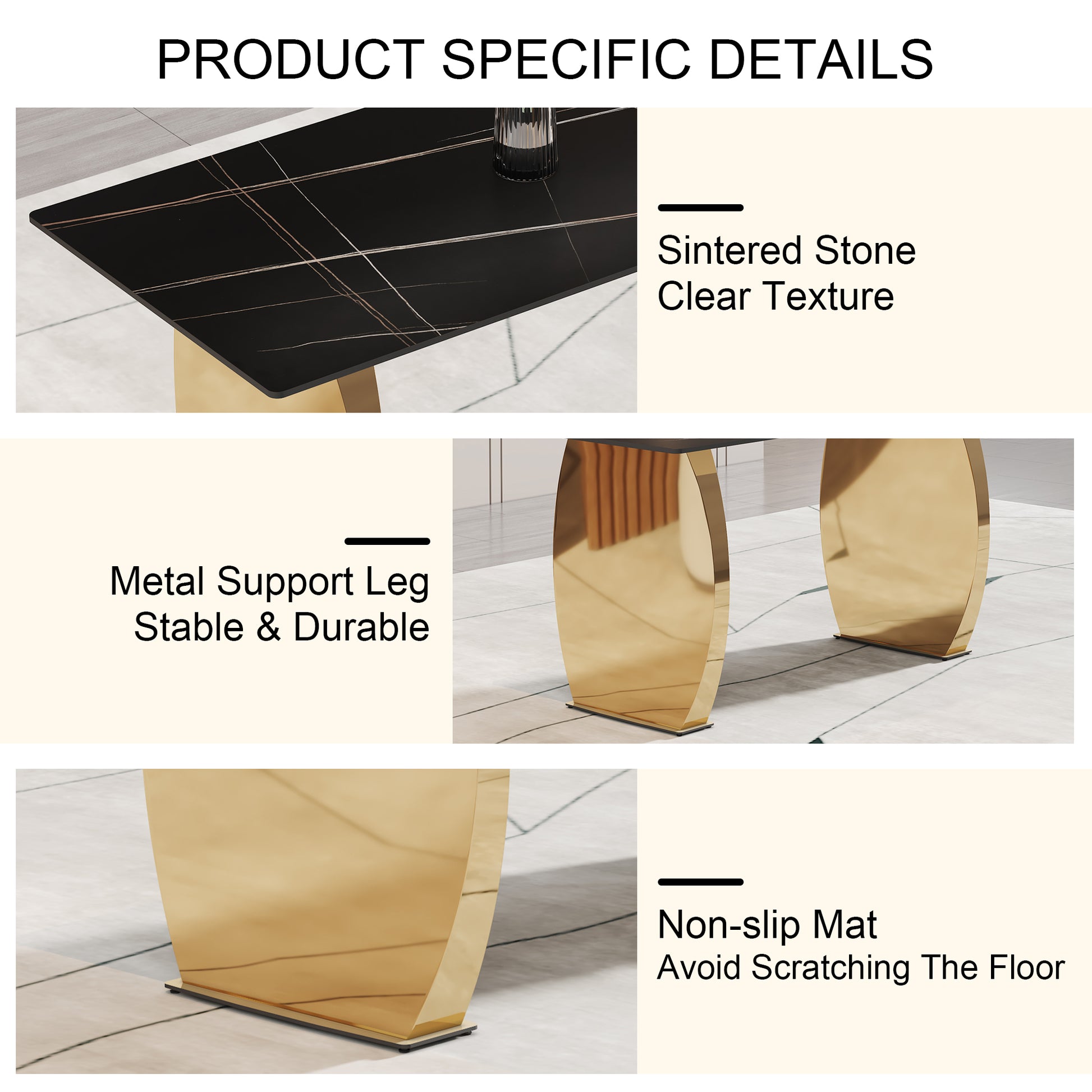 Table And Chair Set,Modern Rectangular Table With 0.4 Inch Black Patterned Tabletop And Gold Legs, Suitable For Kitchen, Dining Room, And Living Roomcomfortable Pu Seats,Perfect For Dinner, Meet Grey Black Seats 4 Sintered Stone