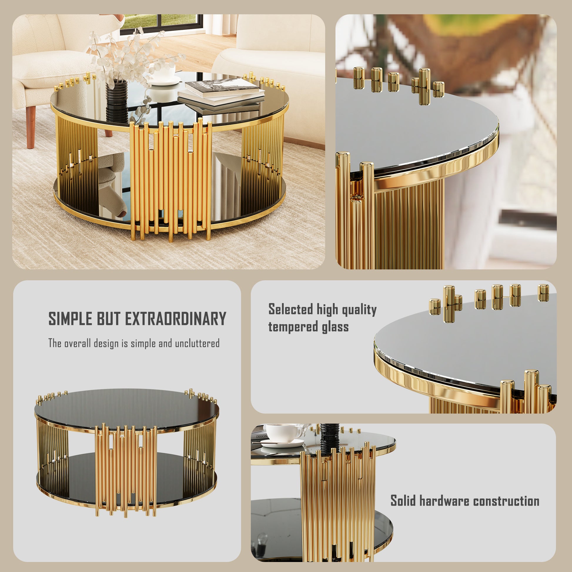 Modern Minimalist Light Luxury Style Stainless Steel Circular Coffee Table, Black Tempered Glass Countertop, Living Room Coffee Table Black Glass,Stainless Steel