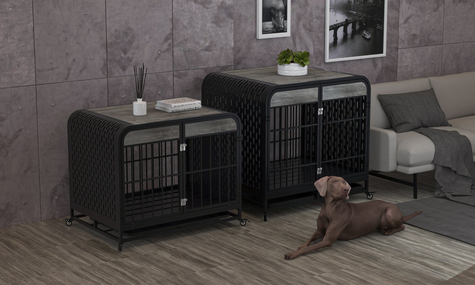 Heavy Duty Dog Crate Furniture Wooden Table Pet Dog Cage Kennel House Indoor Side End Table Decor With Removable Trays And Lockable Wheels For Medium And Large Dogs 40" Grey Grey Outdoor Kennel Medium 26 40 Lbs Mdf Steel