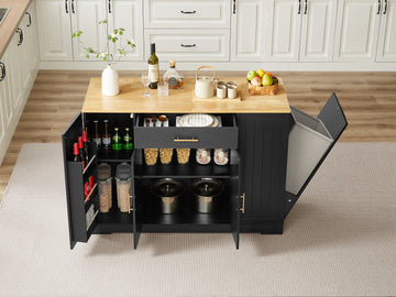 53 Inch Large Kitchen Island With Trash Can Storage Cabinet, Islands Table With Drawer And Adjustable Shelves, Breakfast Bar Cabinet For 13 Gallon Garbage Bin, Black & Oak Black Particle Board