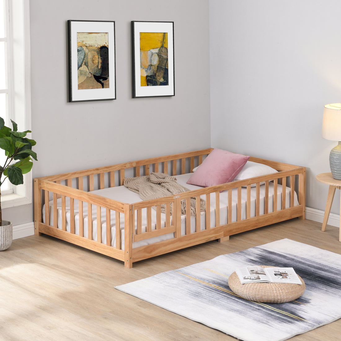 Full Size Floor Bed With Door,Solid Wood Platform Bed Frame With Fence,Suitable For Children,Pine Wood,Natural Full Natural Wood