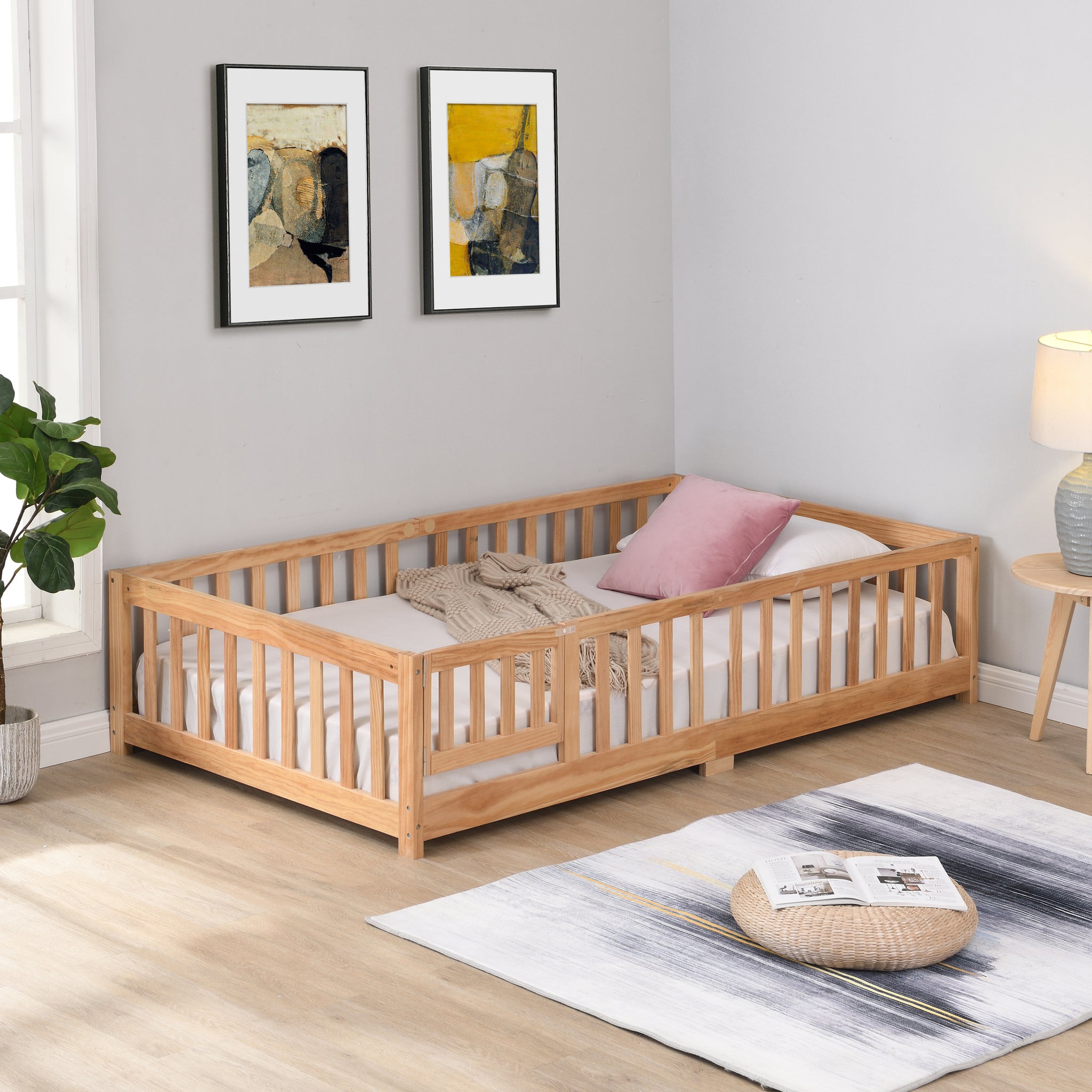 Twin Size Floor Bed With Door,Solid Wood Platform Bed Frame With Fence,Suitable For Children,Pine Wood,Natural Twin Natural Wood