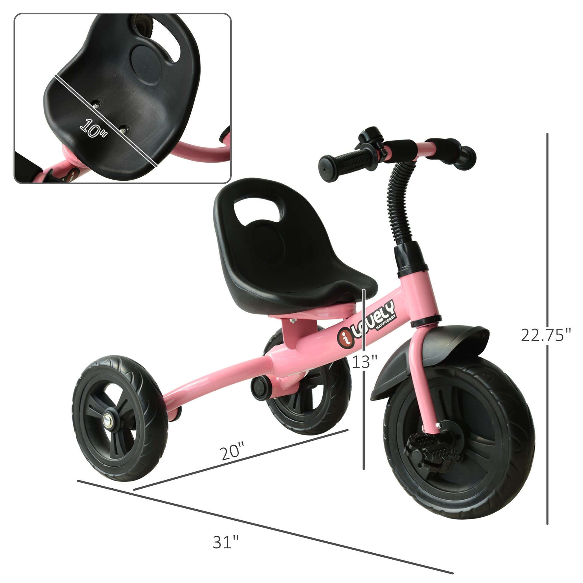 Qaba 3 Wheel Recreation Ride On Toddler Tricycle With Bell Indoor Outdoor, Pink Pink Plastic