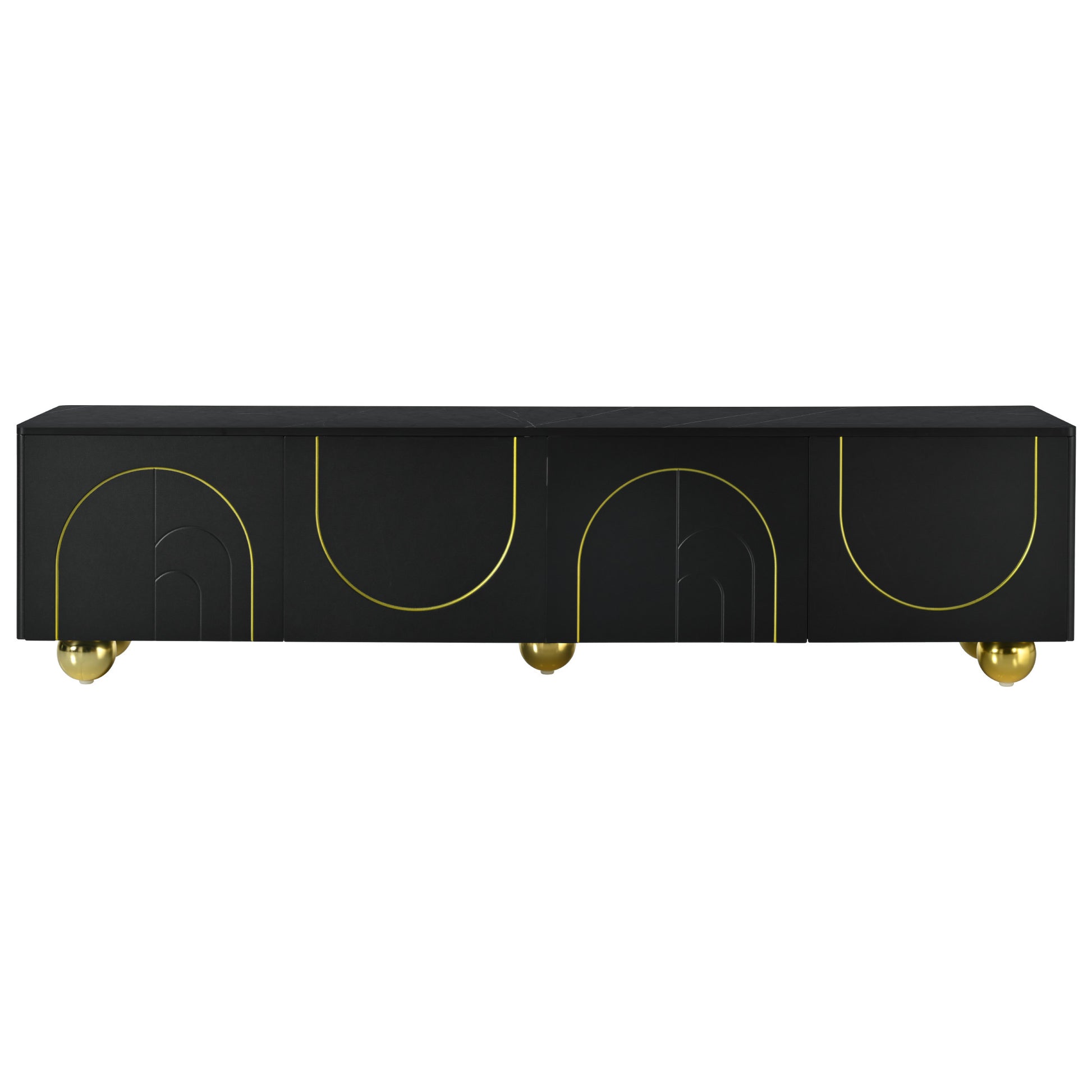 Modern Tv Stand For Tvs Up To 75 Inches, Entertainment Center With Storage Cabinets And 1 Adjustable Shelf, Media Console With Marble Patterned Top And Golden Round Metal Legs For Living Room Black 70 79 Inches Mdf